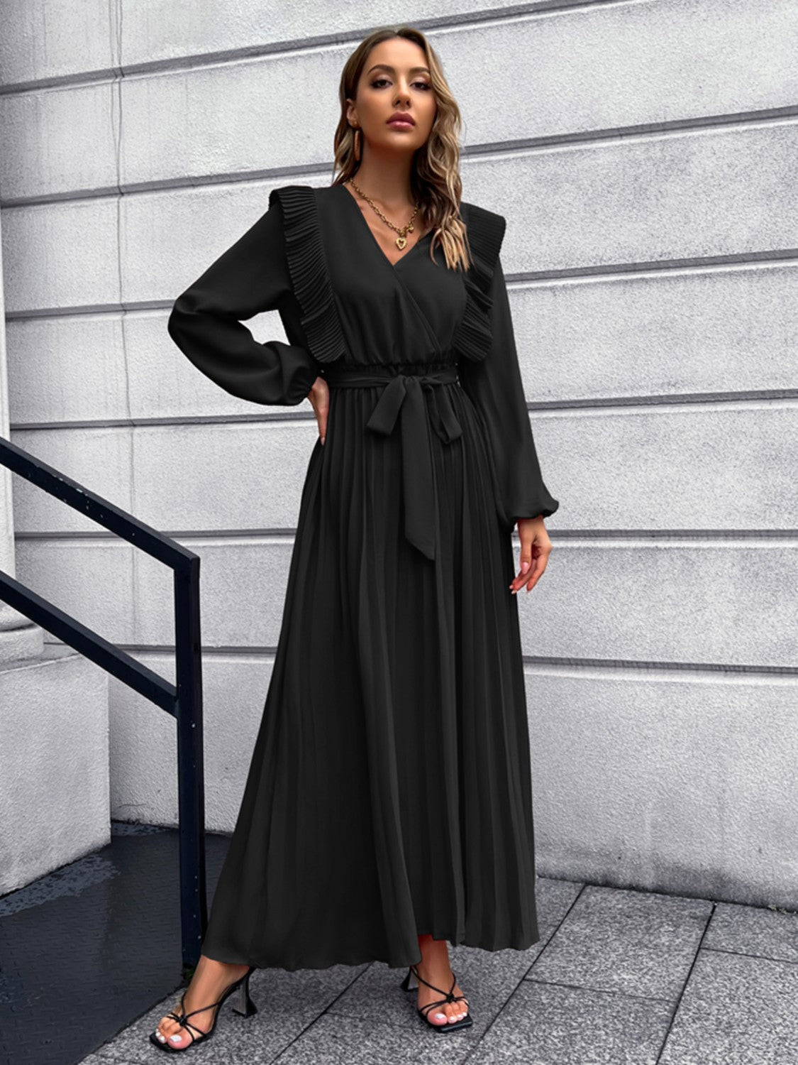 Pleated Surplice Tie Waist Maxi Dress - Siennasass