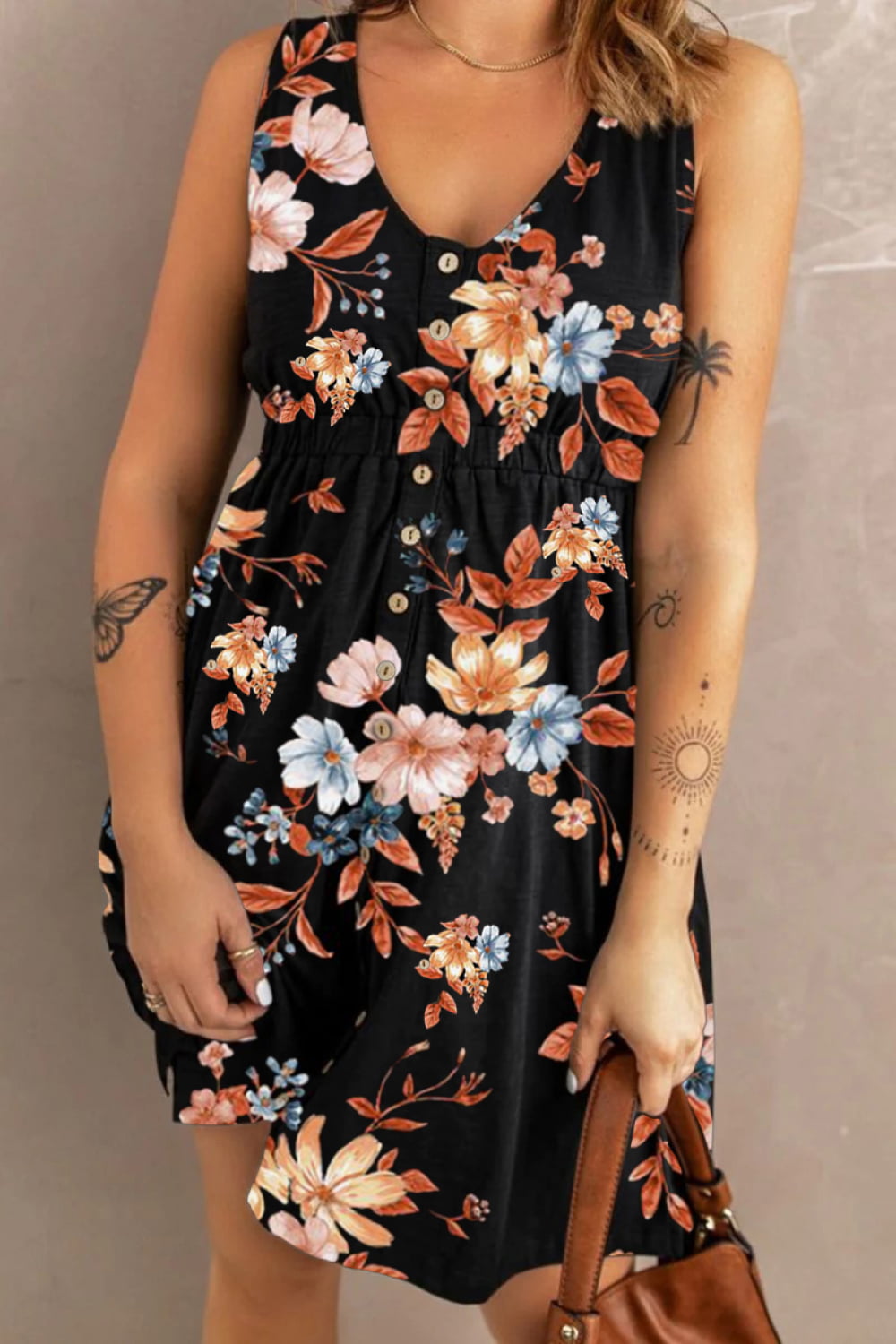 Double Take Printed Scoop Neck Sleeveless Buttoned Magic Dress with Pockets - Siennasass