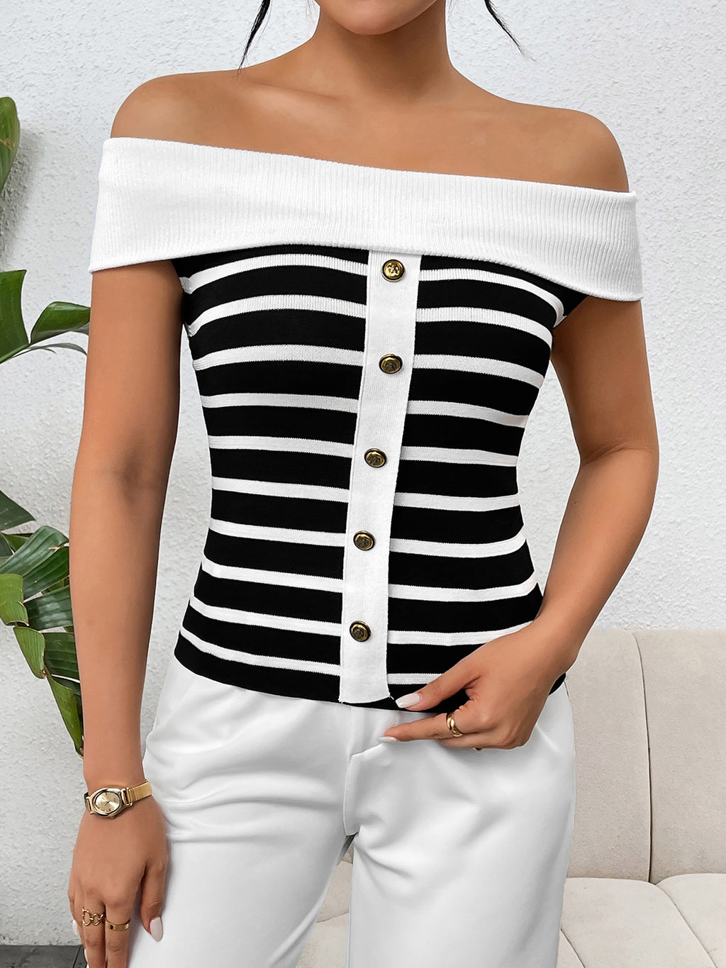 Decorative Button Striped Off-Shoulder Knit Top - Siennasass