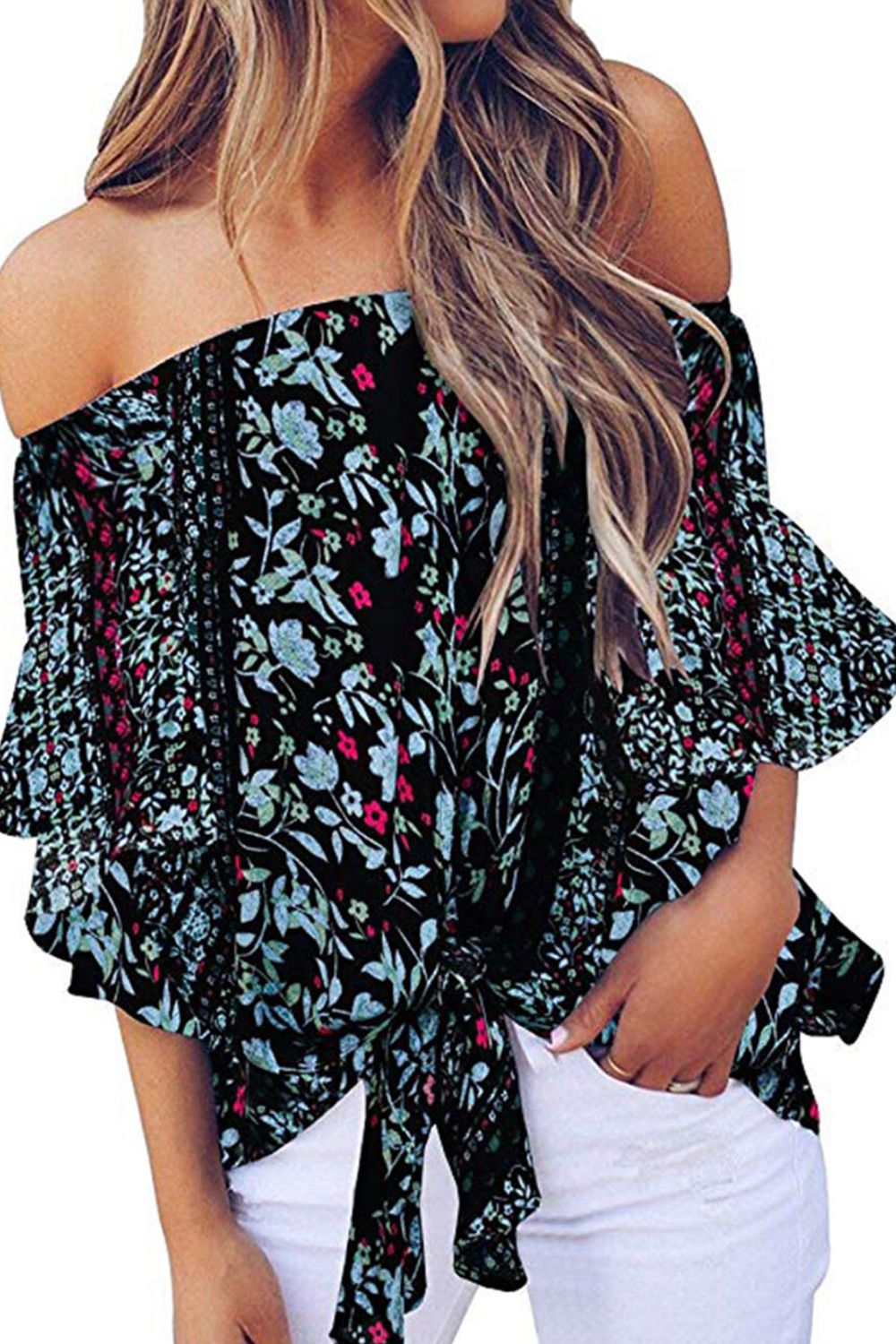 Tied Printed Off-Shoulder Half Sleeve Blouse - Siennasass