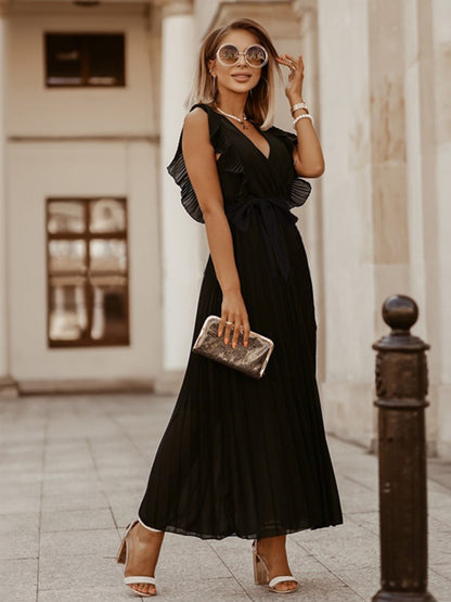Tied Surplice Cap Sleeve Pleated Dress - Siennasass