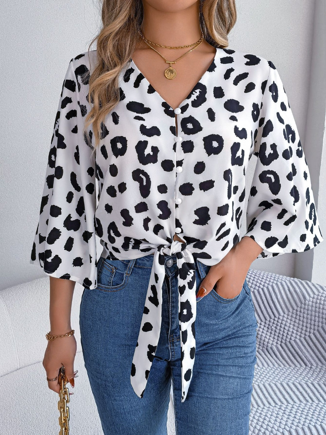 Tied Button Up Leopard V-Neck Blouse - Siennasass