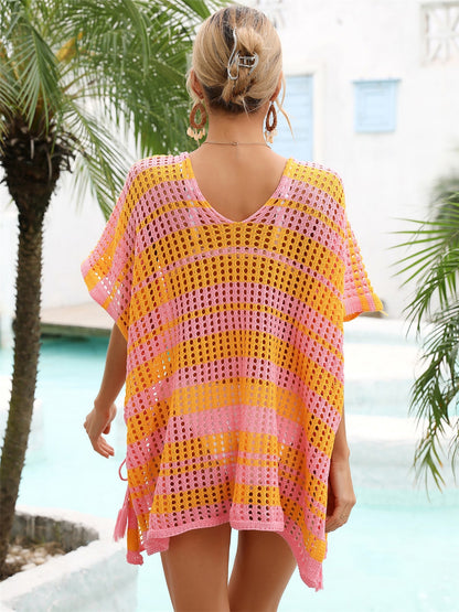 Tassel Openwork Striped V-Neck Cover Up - Siennasass