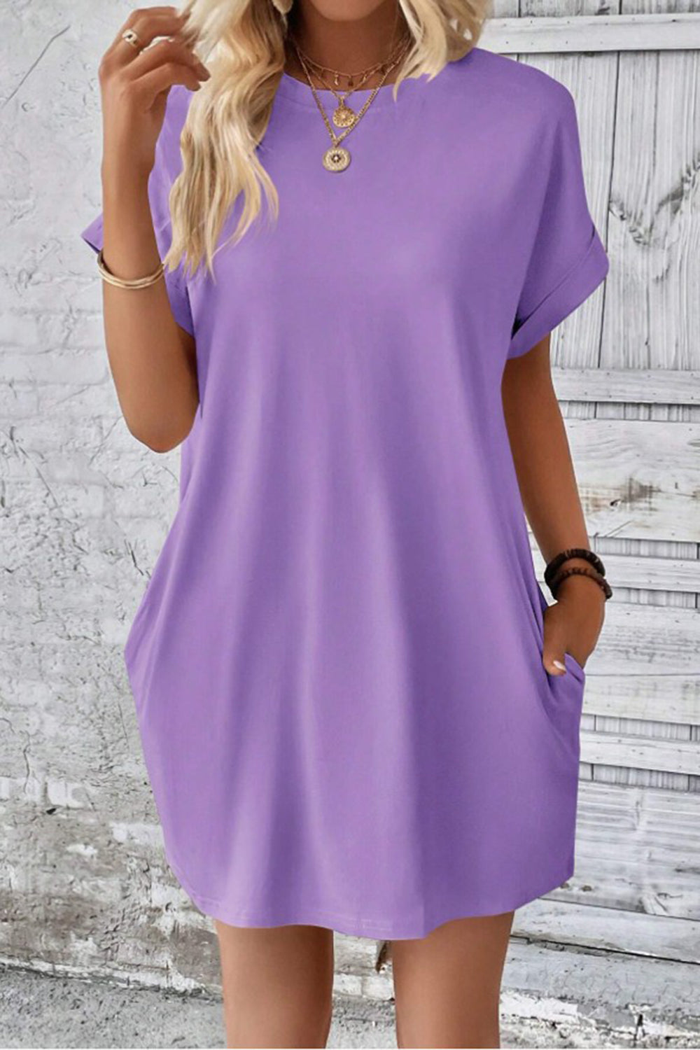 Pocketed Round Neck Short Sleeve Dress - Siennasass