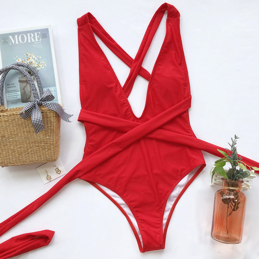 Halter Neck Deep V Tied One-Piece Swimsuit - Siennasass