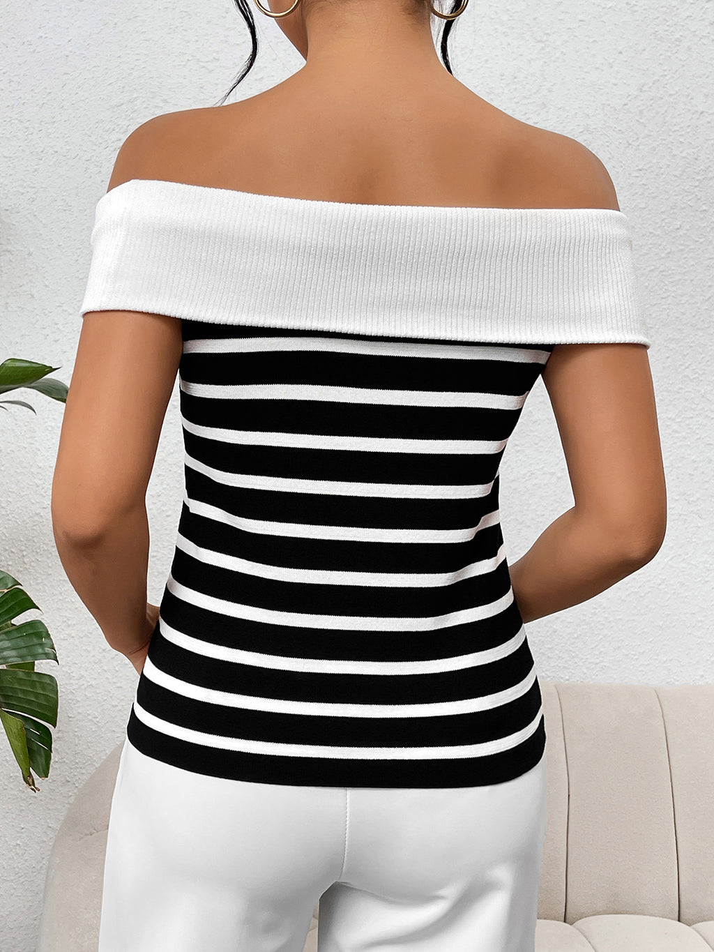 Decorative Button Striped Off-Shoulder Knit Top - Siennasass