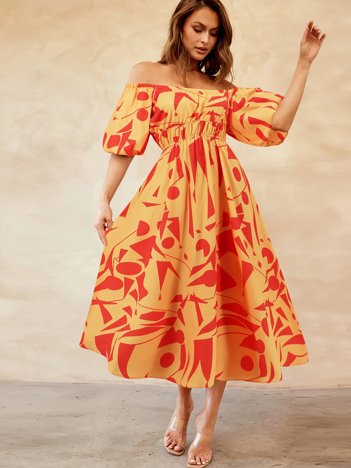 Printed Off-Shoulder Balloon Sleeve Dress - Siennasass