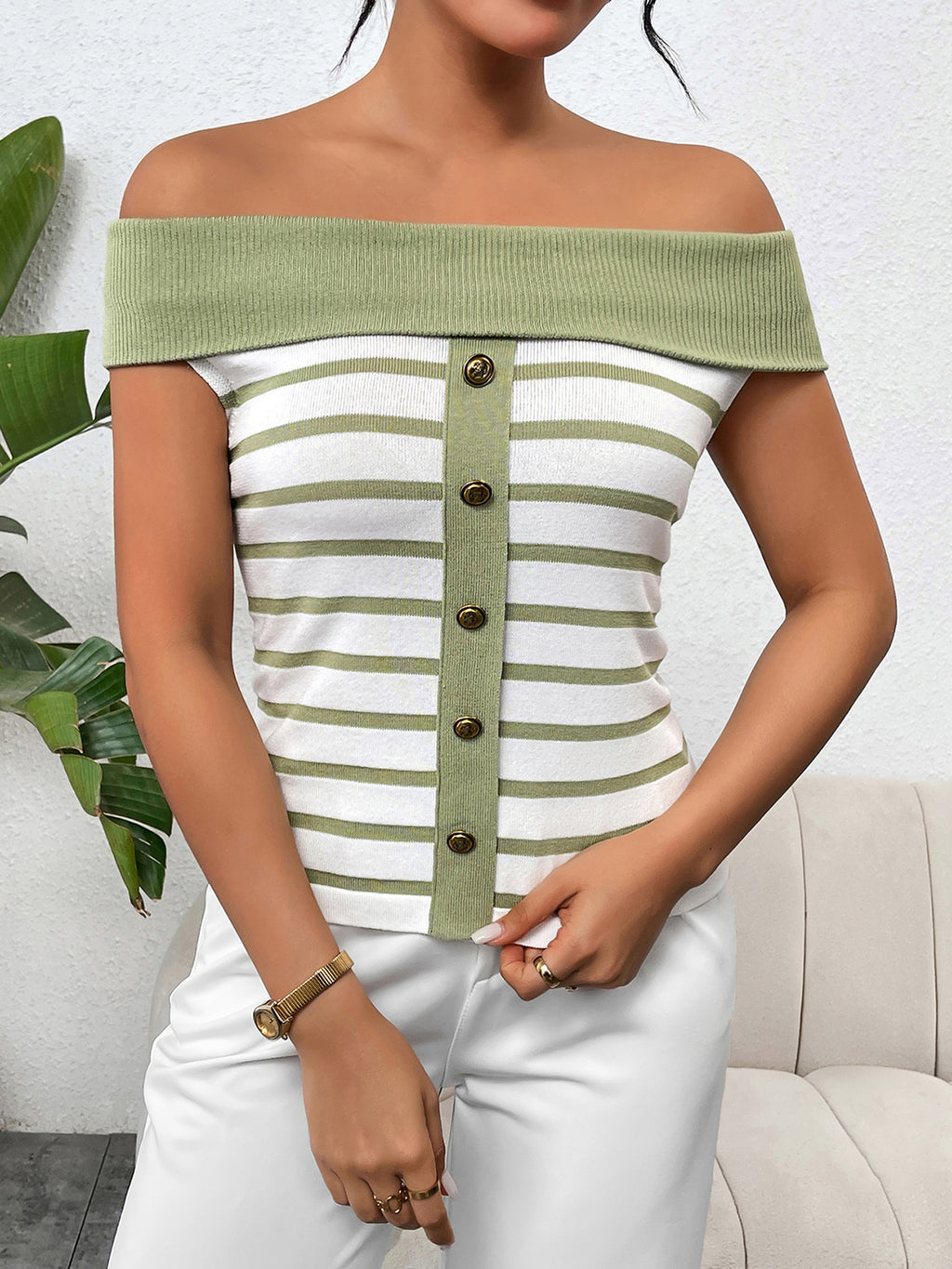 Decorative Button Striped Off-Shoulder Knit Top - Siennasass