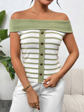 Decorative Button Striped Off-Shoulder Knit Top - Siennasass