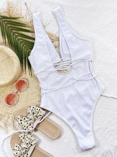 Ribbed Lace Up One-Piece Swimsuit - Siennasass