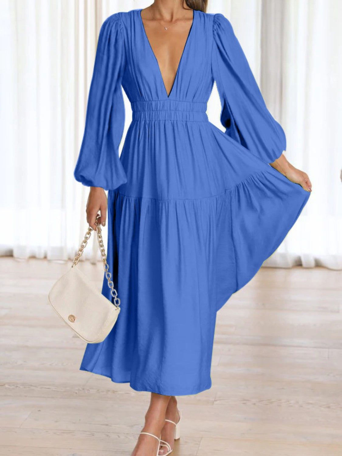 Deep V-Neck Balloon Sleeve Plain Maxi Dress - Siennasass