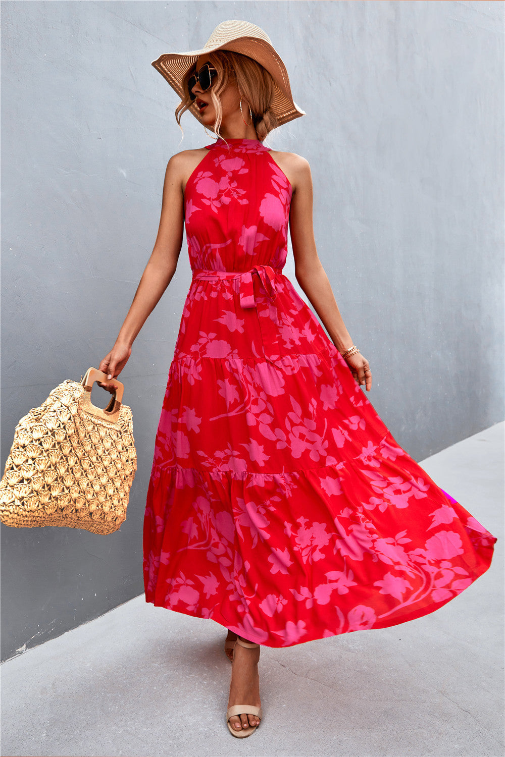 Printed Sleeveless Tie Waist Maxi Dress - Siennasass