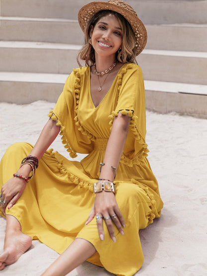 Tassel Trim Smocked V-Neck Short Sleeve Dress - Siennasass