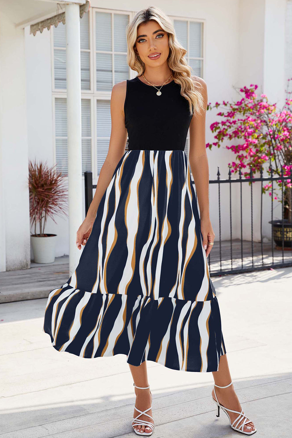 Striped Round Neck Sleeveless Midi Dress - Siennasass