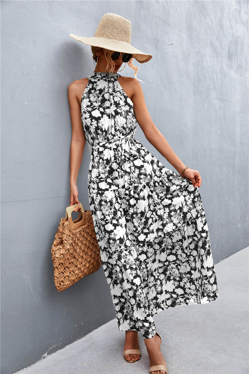 Printed Sleeveless Tie Waist Maxi Dress - Siennasass