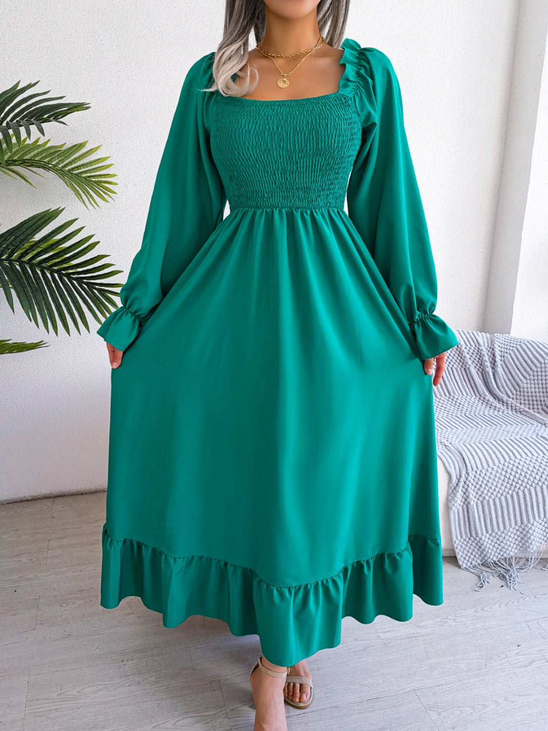 Smocked Square Neck Flounce Sleeve Dress - Siennasass