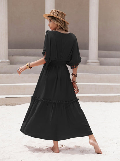 Tassel Trim Smocked V-Neck Short Sleeve Dress - Siennasass