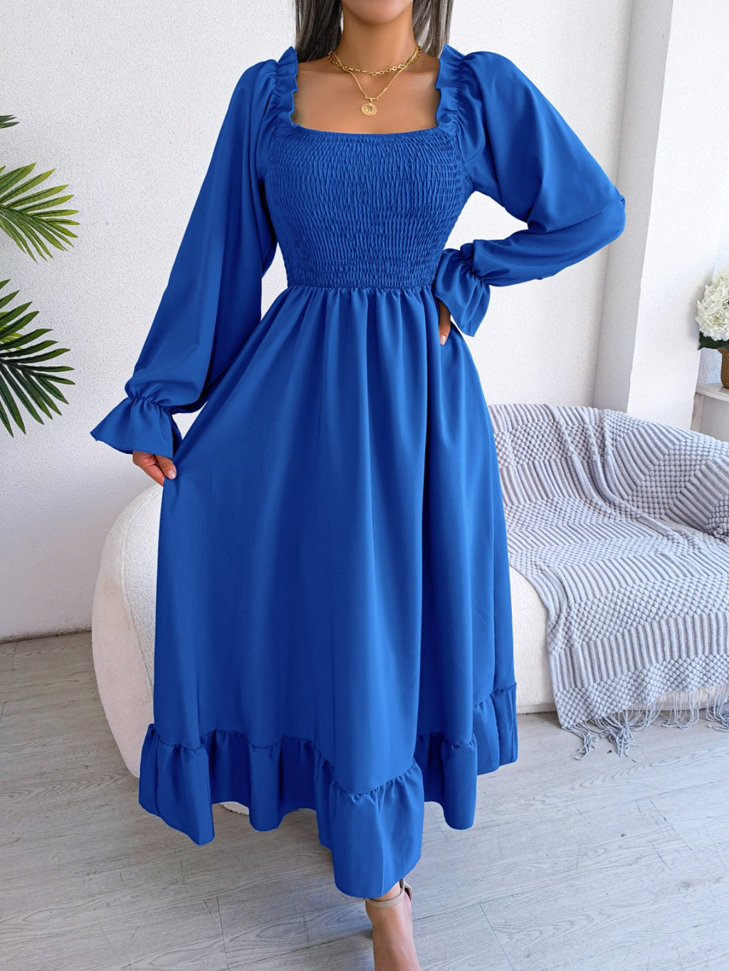 Smocked Square Neck Flounce Sleeve Dress - Siennasass