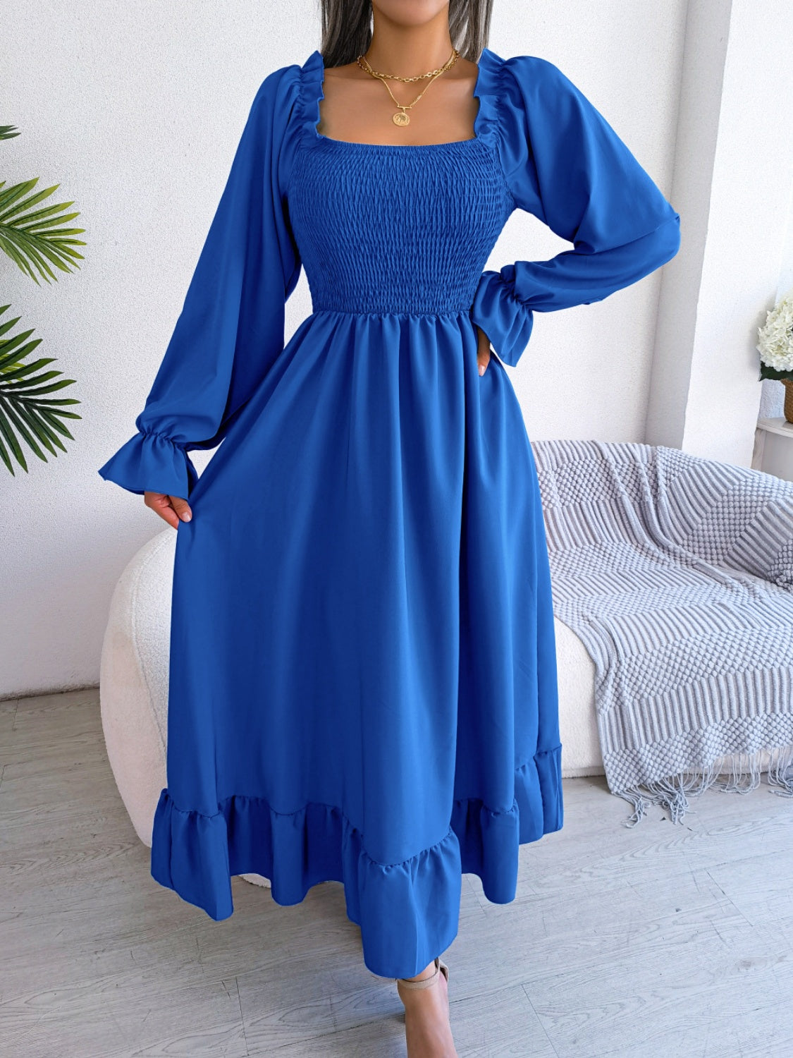 Smocked Square Neck Flounce Sleeve Dress - Siennasass