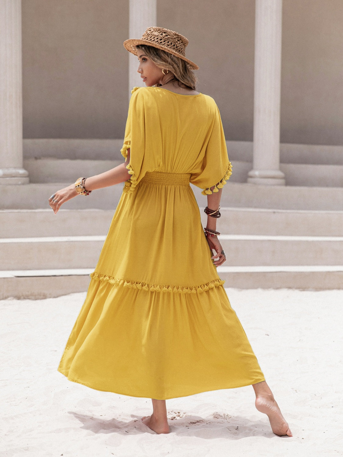 Tassel Trim Smocked V-Neck Short Sleeve Dress - Siennasass