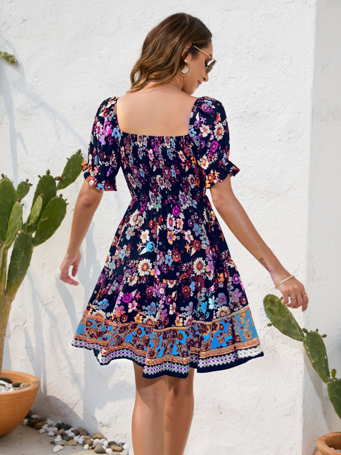 Printed Square Neck Short Sleeve Dress - Siennasass