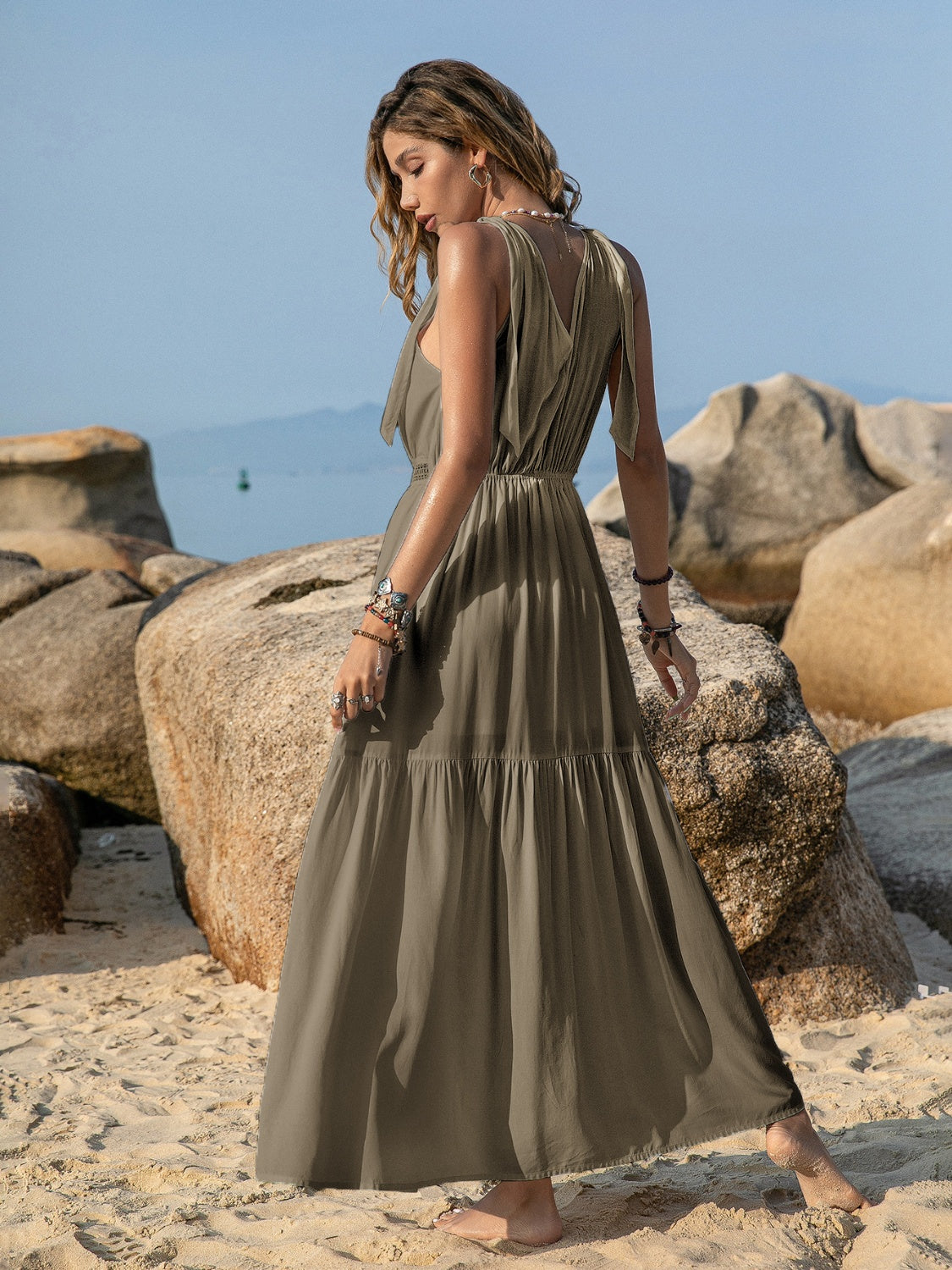 V-Neck Tie Shoulder Crochet Maxi Dress - Siennasass