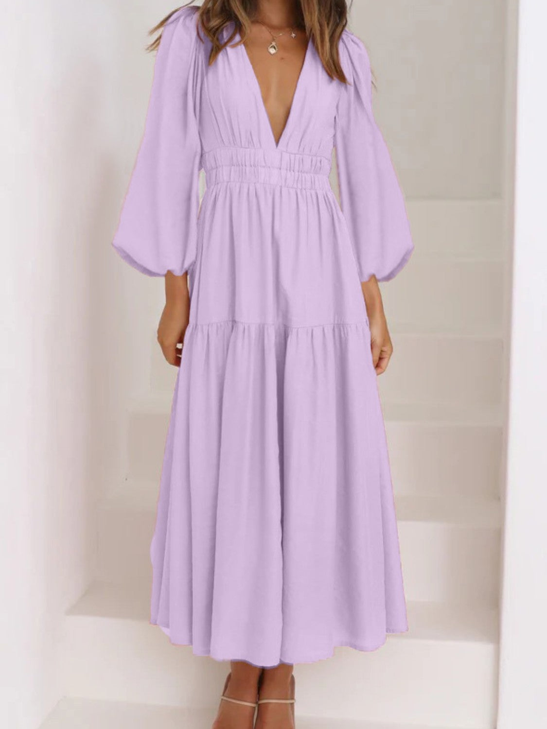 Deep V-Neck Balloon Sleeve Plain Maxi Dress - Siennasass