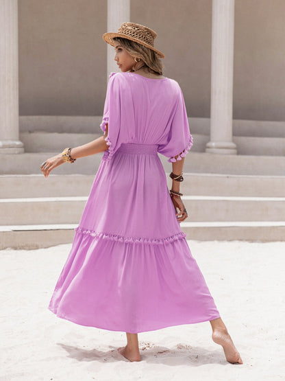 Tassel Trim Smocked V-Neck Short Sleeve Dress - Siennasass