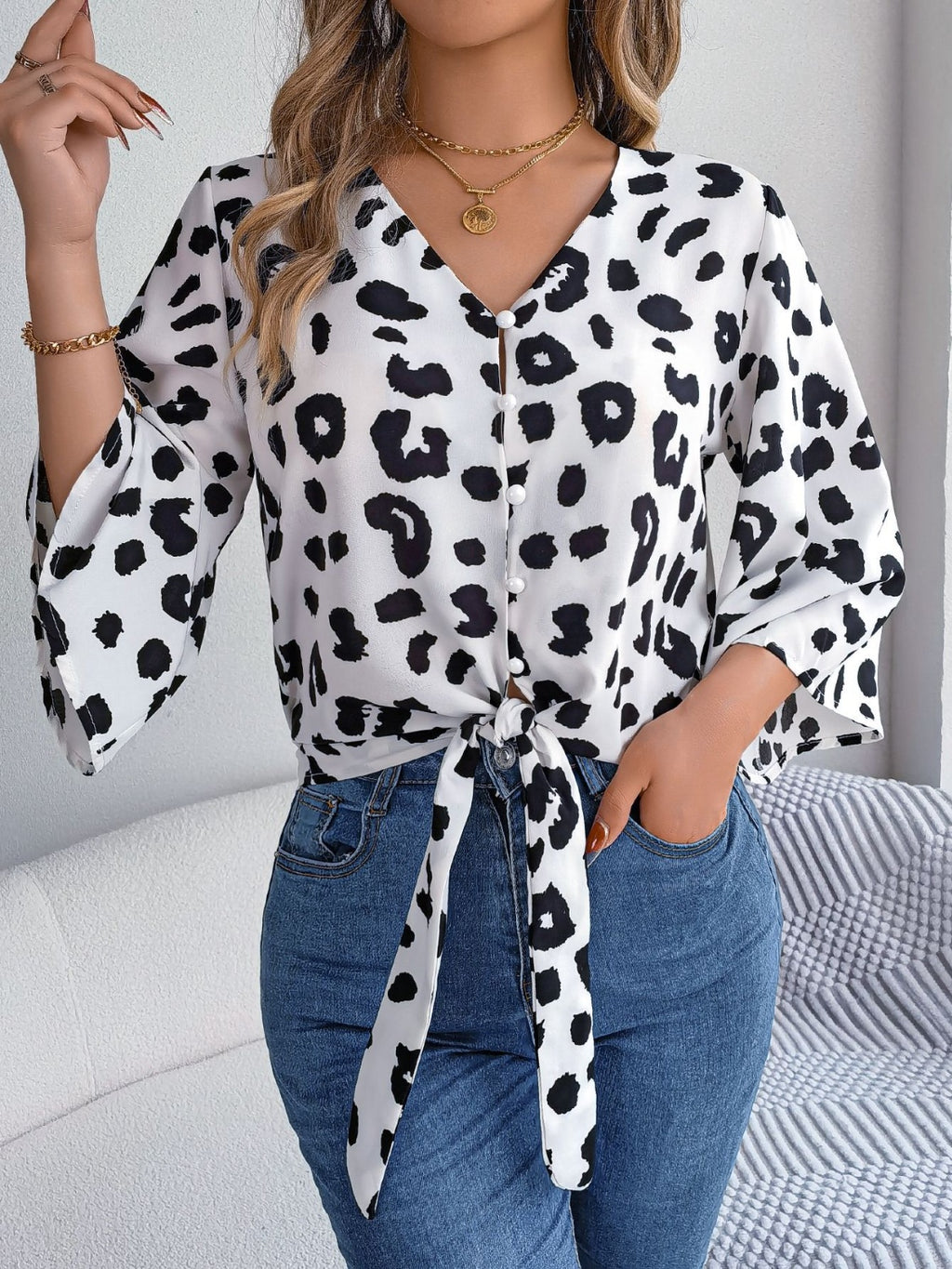 Tied Button Up Leopard V-Neck Blouse - Siennasass