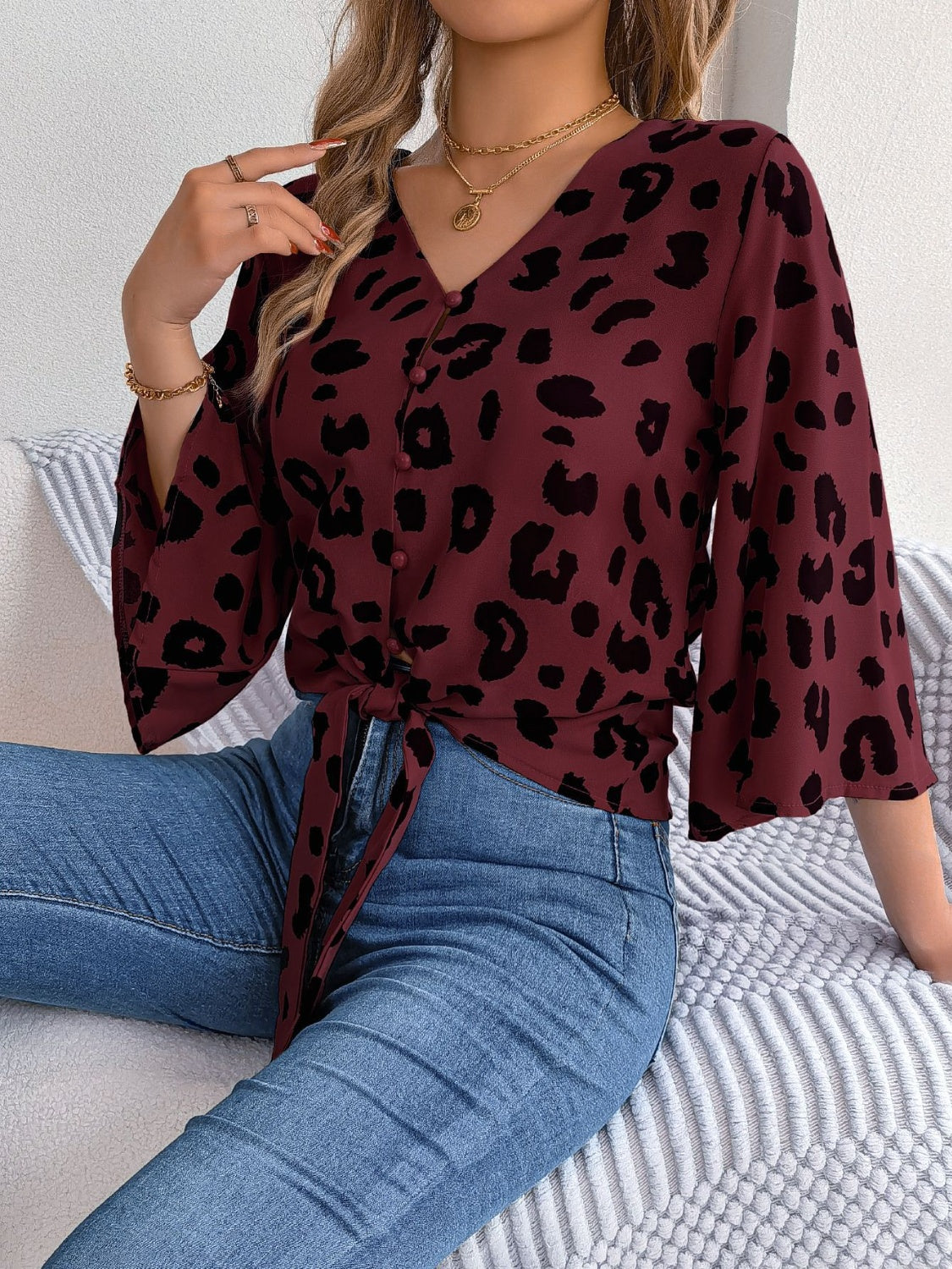 Tied Button Up Leopard V-Neck Blouse - Siennasass