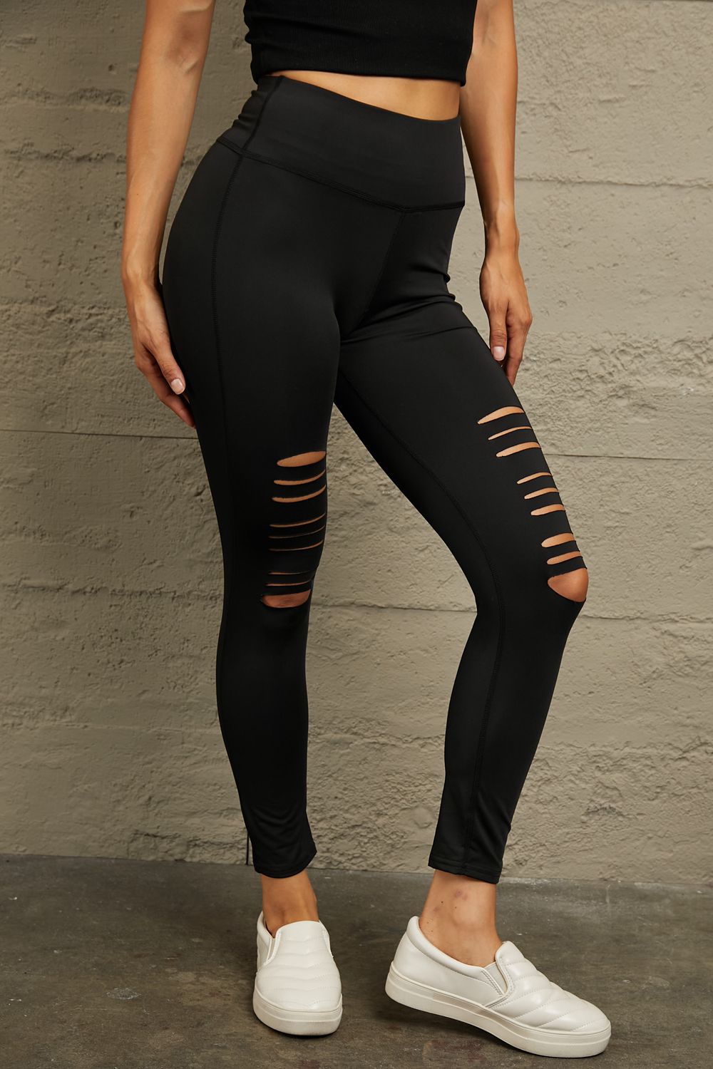 Double Take Wide Waistband Distressed Slim Fit Leggings - Siennasass