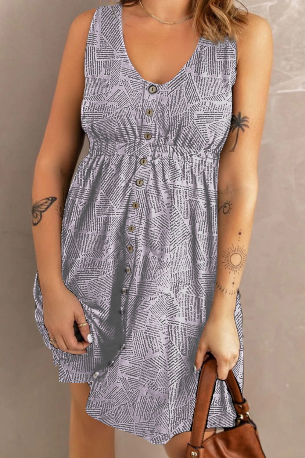 Double Take Printed Scoop Neck Sleeveless Buttoned Magic Dress with Pockets - Siennasass