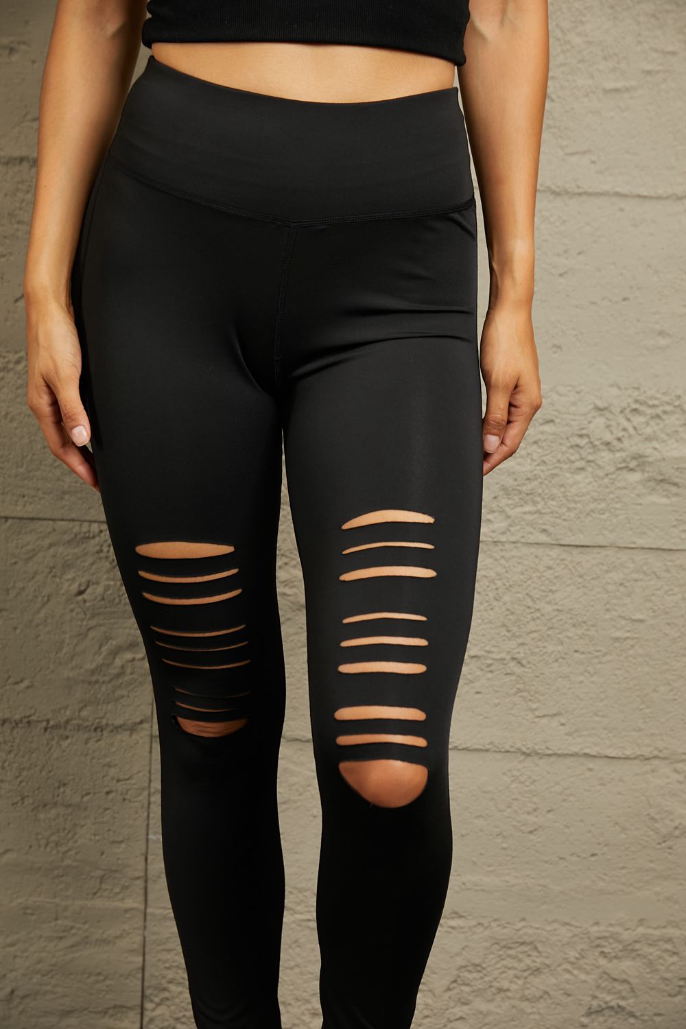 Double Take Wide Waistband Distressed Slim Fit Leggings - Siennasass