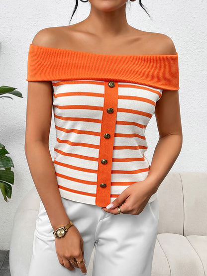 Decorative Button Striped Off-Shoulder Knit Top - Siennasass