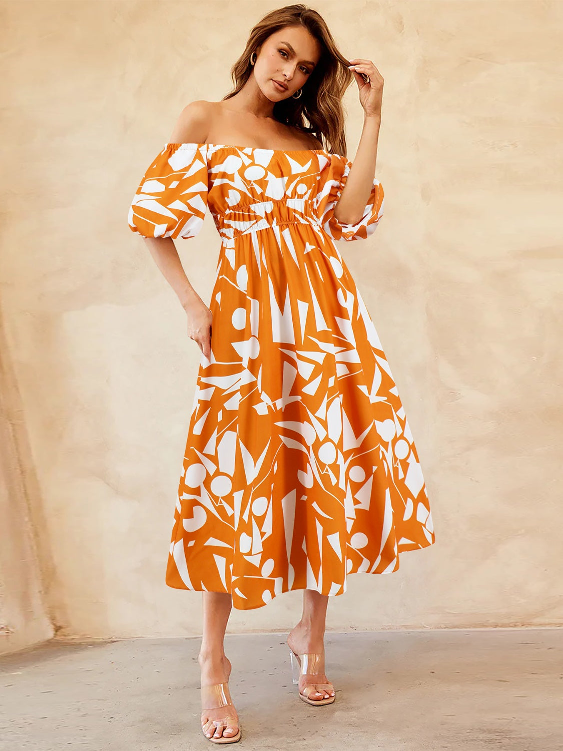 Printed Off-Shoulder Balloon Sleeve Dress - Siennasass