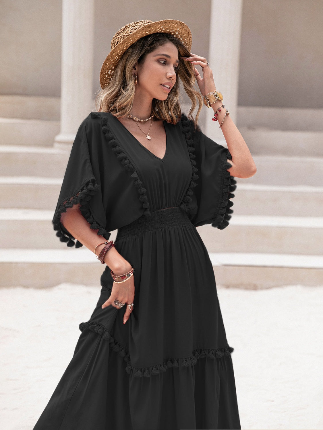 Tassel Trim Smocked V-Neck Short Sleeve Dress - Siennasass