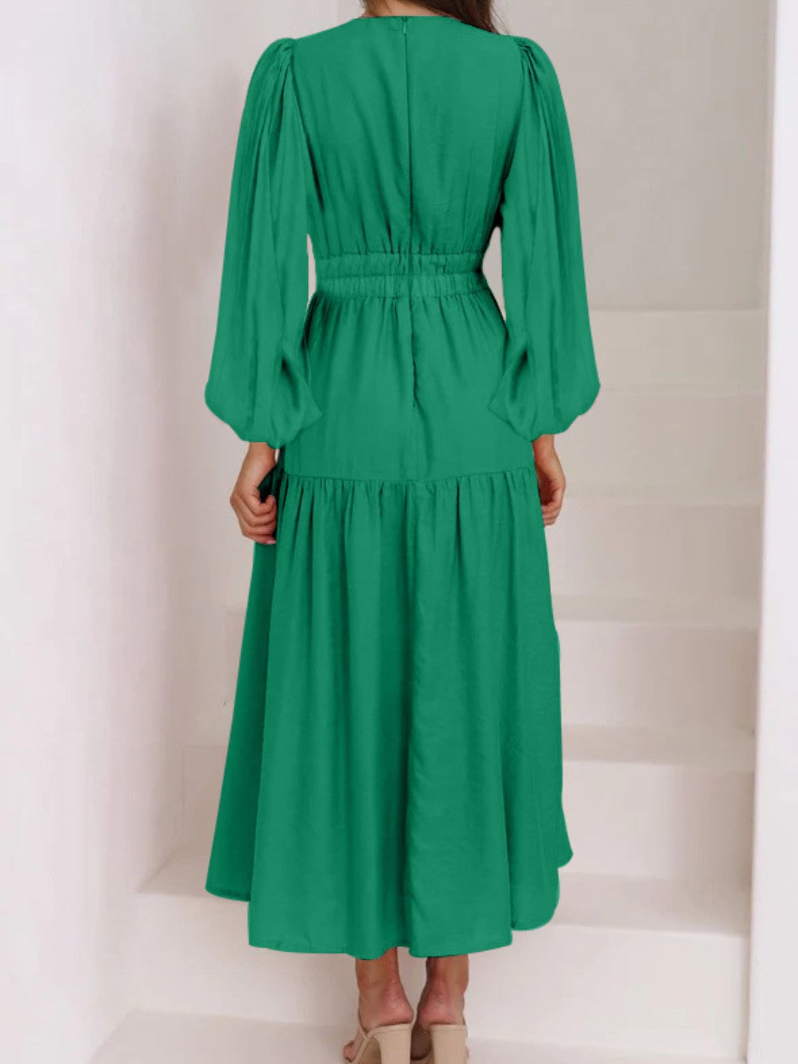Deep V-Neck Balloon Sleeve Plain Maxi Dress - Siennasass