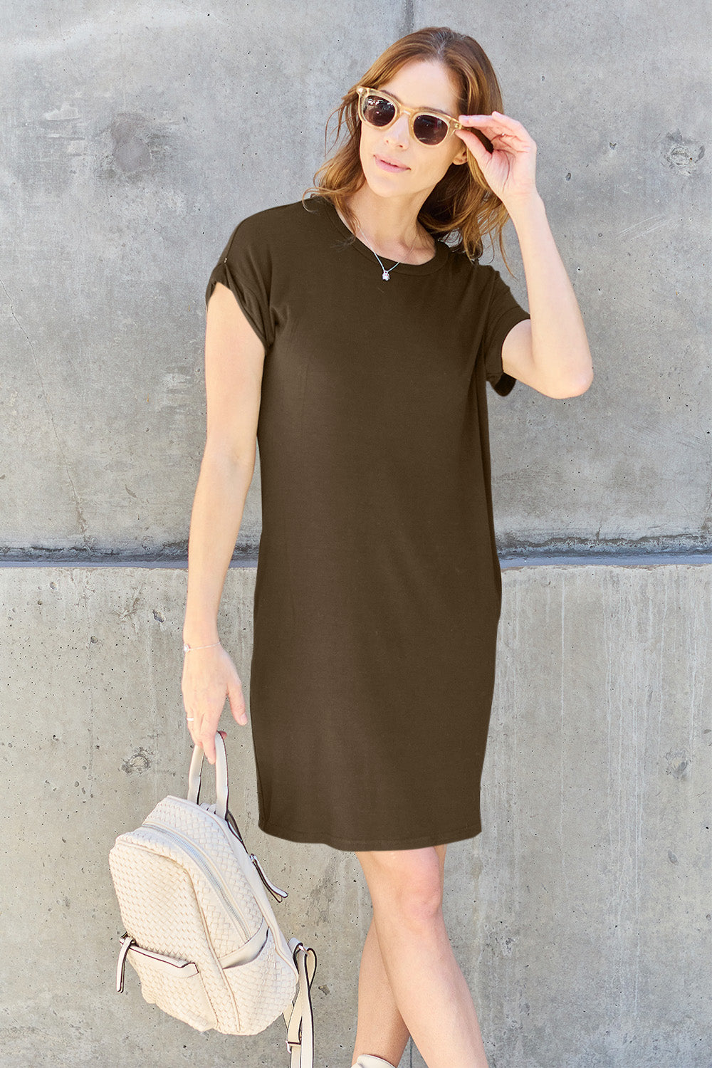 Basic Bae Full Size Round Neck Short Sleeve Dress with Pockets - Siennasass