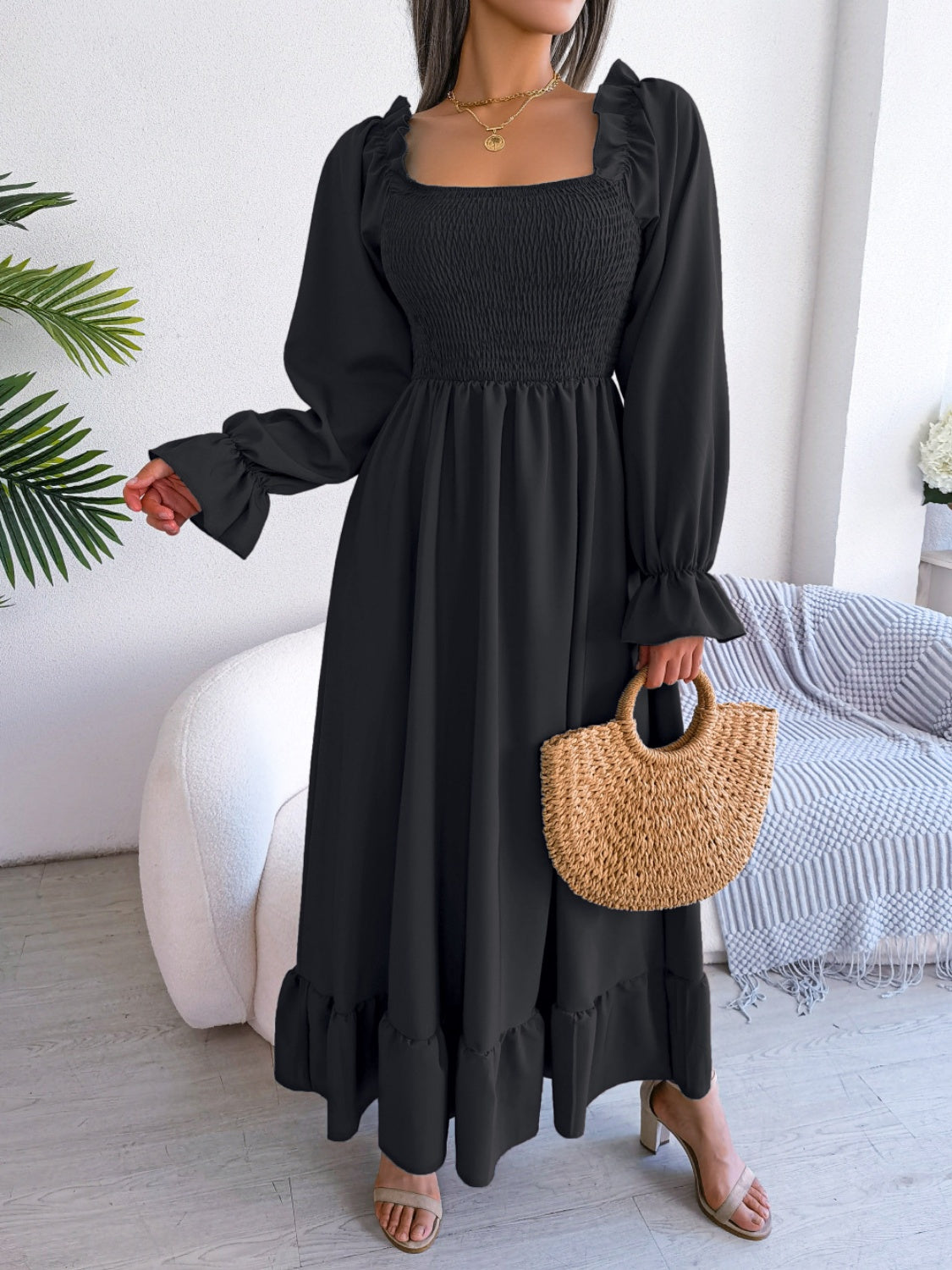 Smocked Square Neck Flounce Sleeve Dress - Siennasass