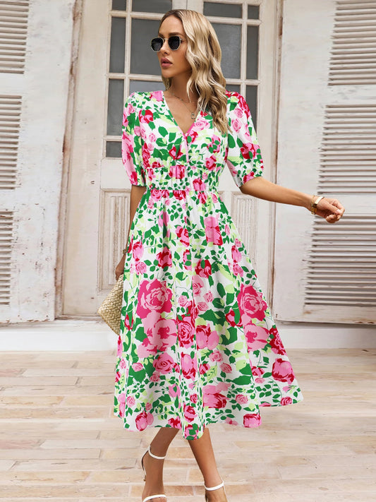 Ruched Printed Surplice Short Sleeve Dress - Siennasass