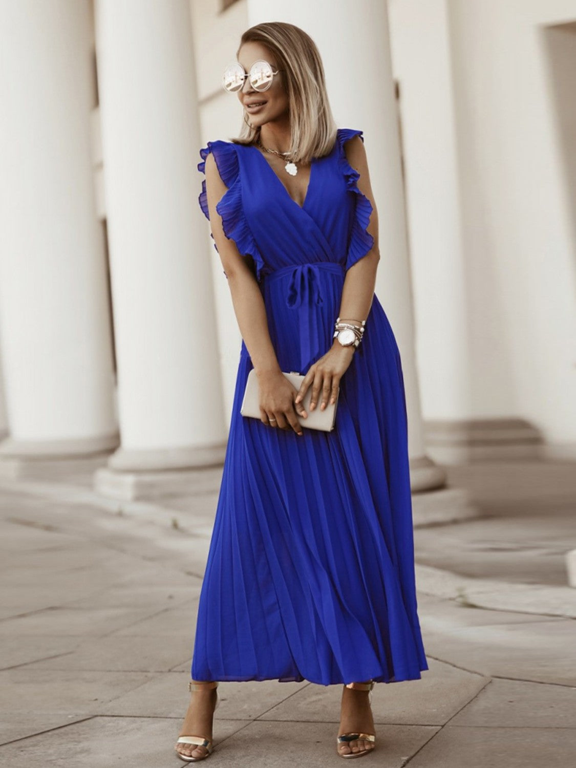 Tied Surplice Cap Sleeve Pleated Dress - Siennasass
