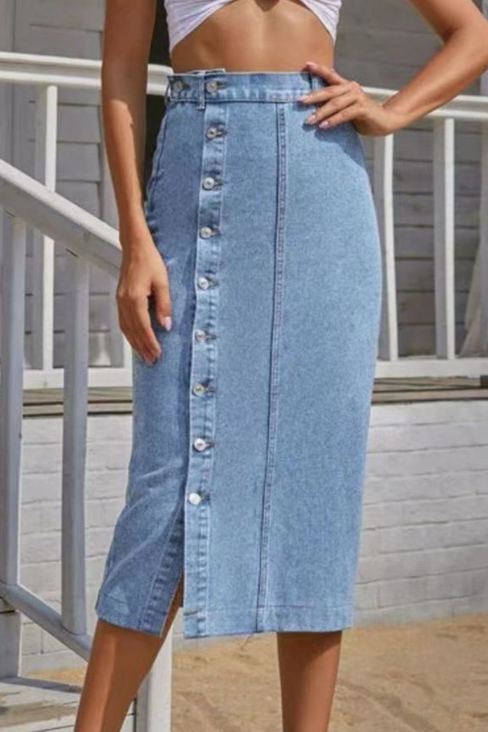 Buttoned Split Denim Skirt - Siennasass