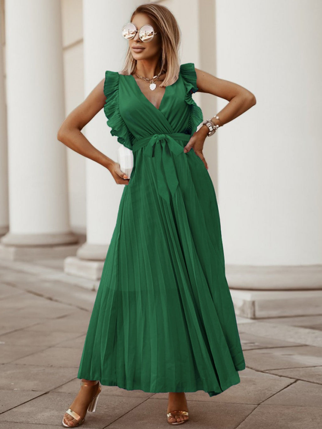 Tied Surplice Cap Sleeve Pleated Dress - Siennasass