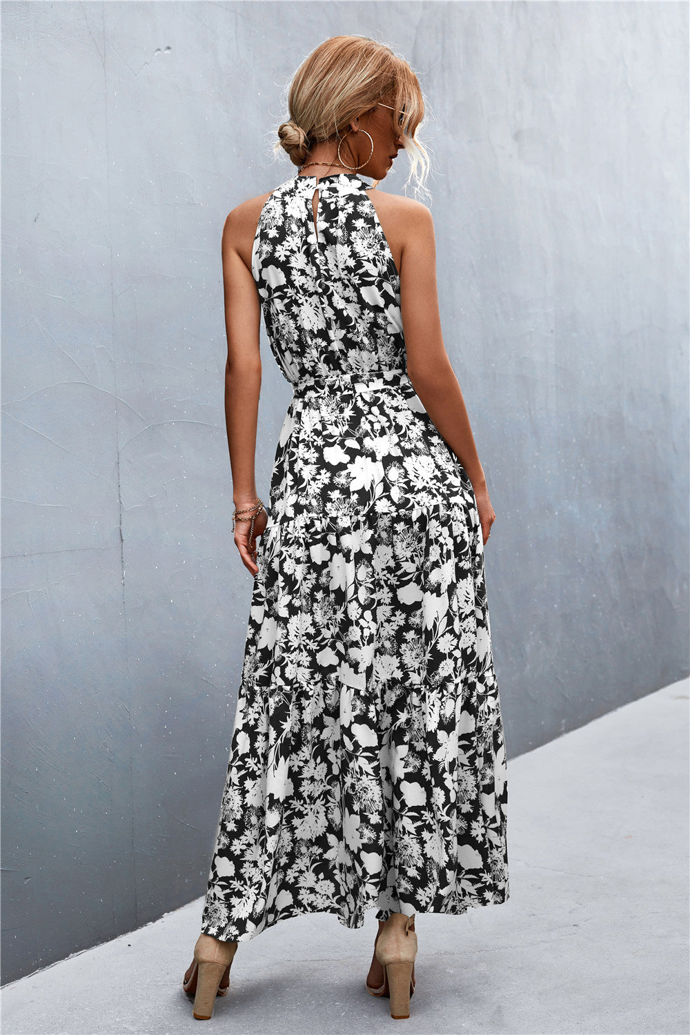 Printed Sleeveless Tie Waist Maxi Dress - Siennasass