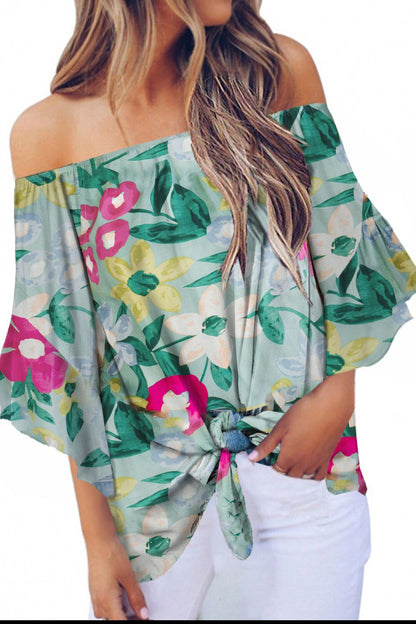 Tied Printed Off-Shoulder Half Sleeve Blouse - Siennasass