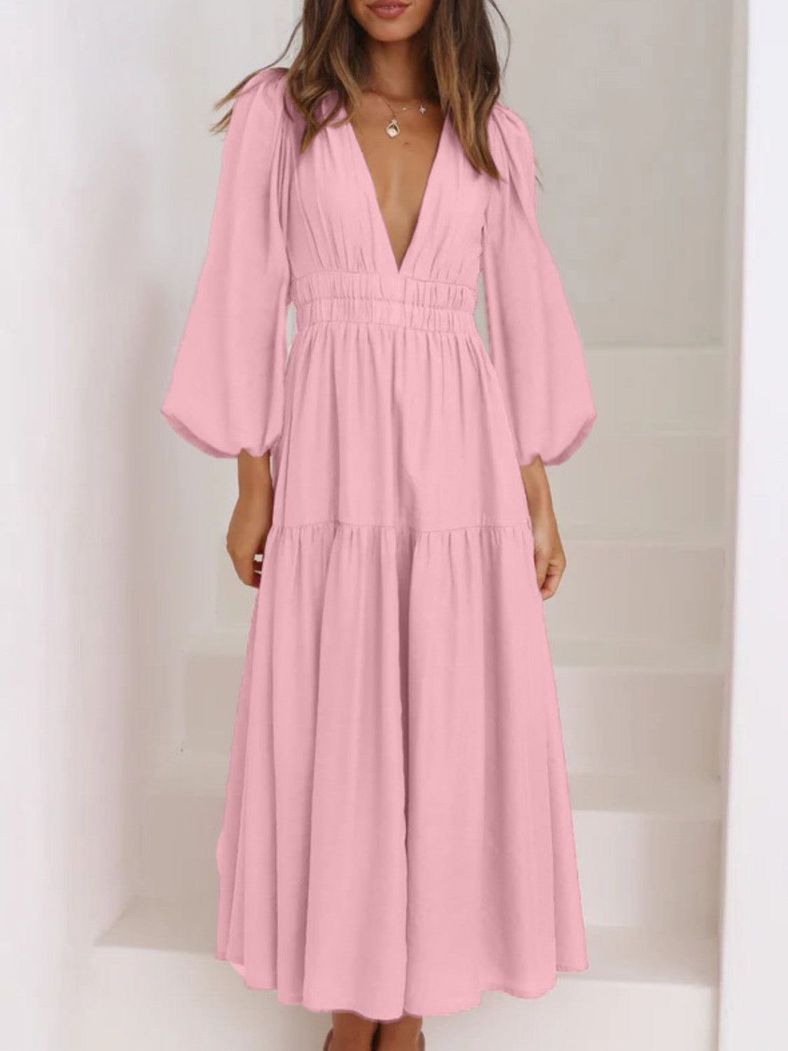 Deep V-Neck Balloon Sleeve Plain Maxi Dress - Siennasass