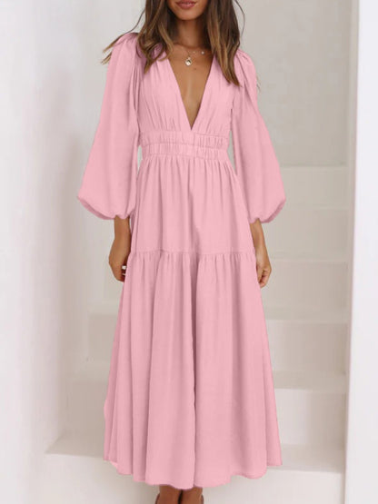 Deep V-Neck Balloon Sleeve Plain Maxi Dress - Siennasass