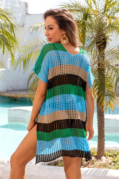 Openwork Striped V-Neck Short Sleeve Cover Up - Siennasass