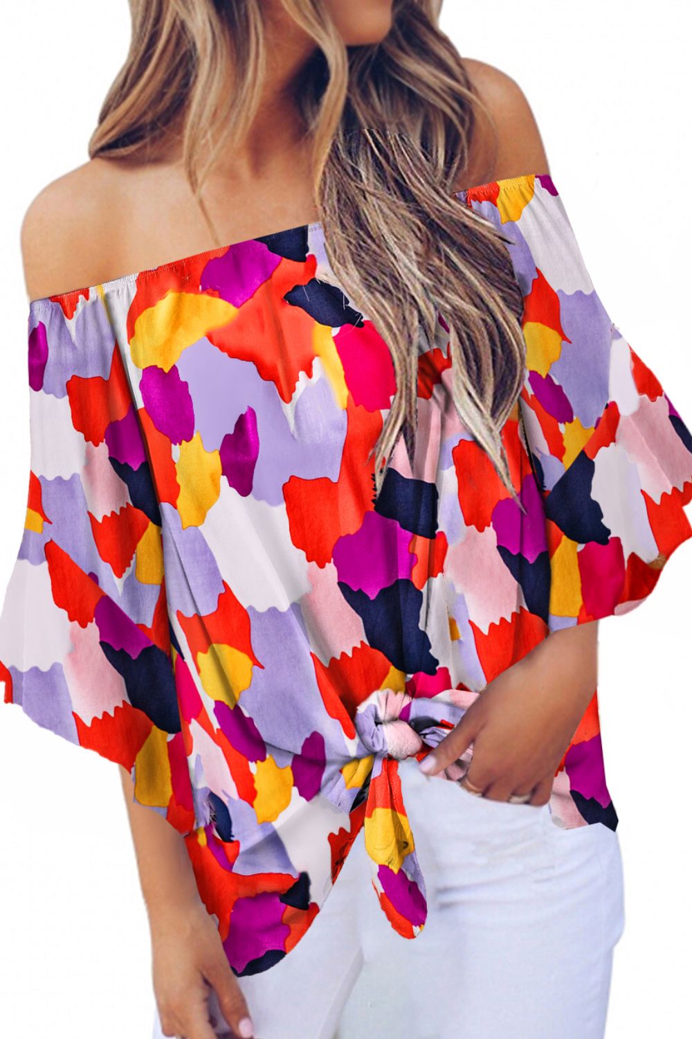 Tied Printed Off-Shoulder Half Sleeve Blouse - Siennasass