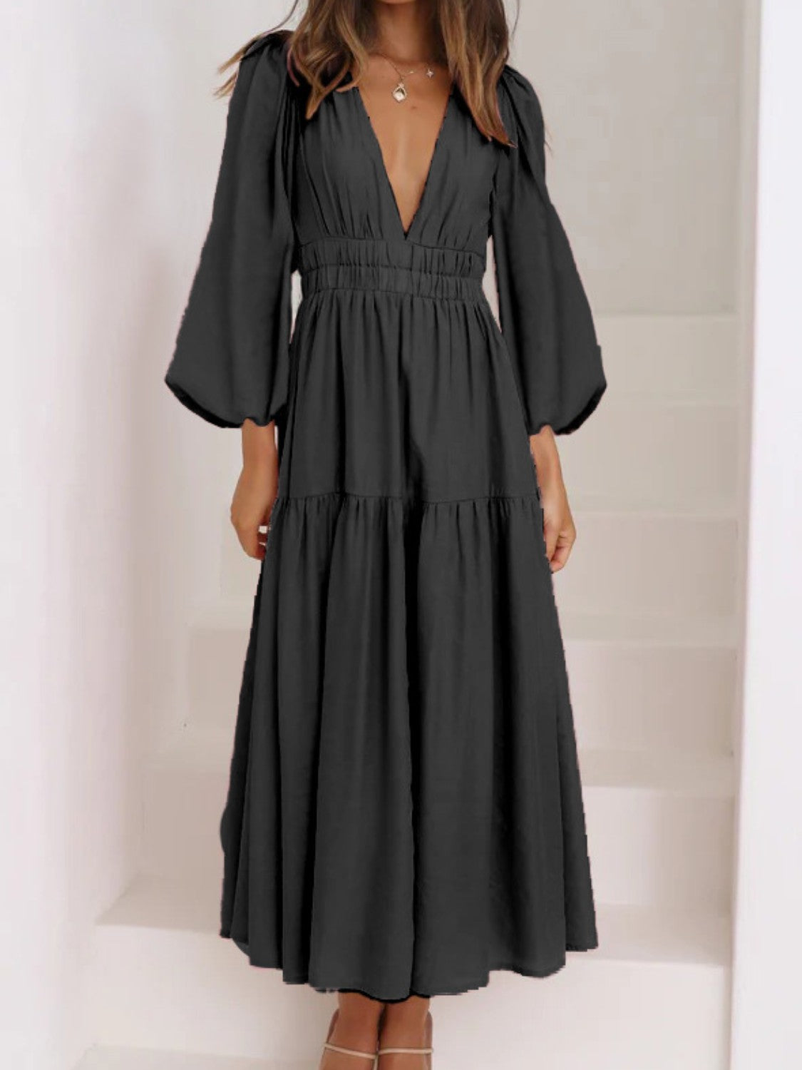 Deep V-Neck Balloon Sleeve Plain Maxi Dress - Siennasass